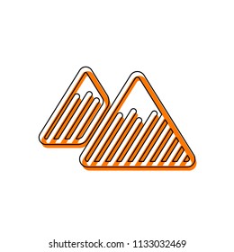 Mountains icon. Linear style with thin outline. Isolated icon consisting of black thin contour and orange moved filling on different layers. White background