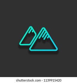 Mountains icon. Linear style with thin outline. Colorful logo concept with soft shadow on dark background. Icon color of azure ocean