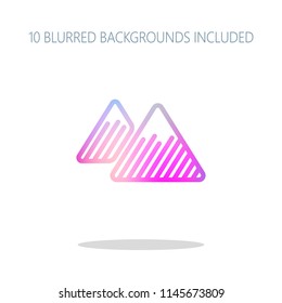 Mountains icon. Linear style with thin outline. Colorful logo concept with simple shadow on white. 10 different blurred backgrounds included