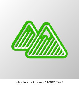 Mountains icon. Linear style with thin outline. Paper style. Cut symbol with green bold contour on shape and simple shadow