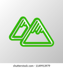 Mountains icon. Linear style with thin outline. Paper style. Cut symbol with green bold contour on shape and simple shadow