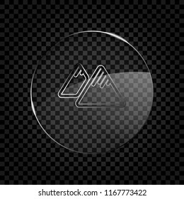 Mountains icon. Linear style with thin outline. Icon in circle glass bubble on dark transparent grid. Glass style