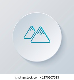 Mountains icon. Linear style with thin outline. Cut circle with gray and blue layers. Paper style