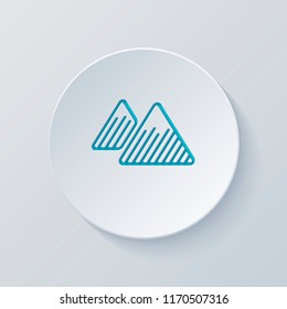 Mountains icon. Linear style with thin outline. Cut circle with gray and blue layers. Paper style