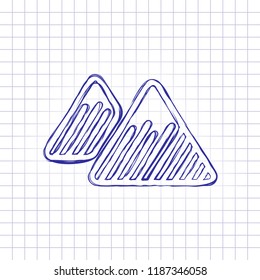 Mountains icon. Linear style with thin outline. Hand drawn picture on paper sheet. Blue ink, outline sketch style. Doodle on checkered background