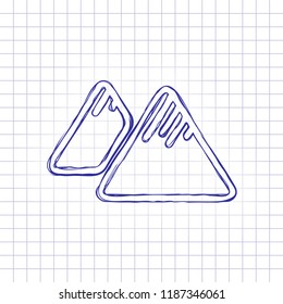 Mountains icon. Linear style with thin outline. Hand drawn picture on paper sheet. Blue ink, outline sketch style. Doodle on checkered background