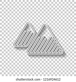 Mountains icon. Linear style with thin outline. White outline sign with shadow on transparent background