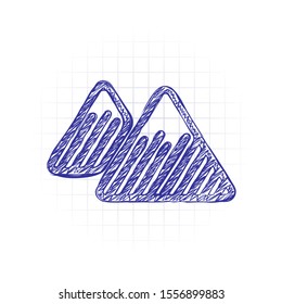 Mountains icon. Linear style with thin outline. Hand drawn sketched picture with scribble fill. Blue ink. Doodle on white background