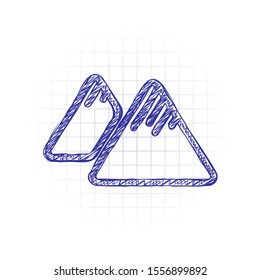 Mountains icon. Linear style with thin outline. Hand drawn sketched picture with scribble fill. Blue ink. Doodle on white background