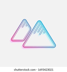 Icono de montañas. Estilo lineal con contorno fino. Logo coloreado con líneas diagonales y degradado azul-rojo. Gráfico neón, efecto ligero