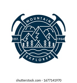 Mountains icon logo vector illustration. Vintage Mountain emblem design vector template design. Mountains Line Art logo vector illustration for Outdoor Adventure.