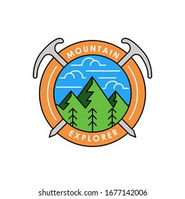 Mountains icon logo vector illustration. Vintage Mountain emblem design vector template design. Mountains Line Art logo vector illustration for Outdoor Adventure.