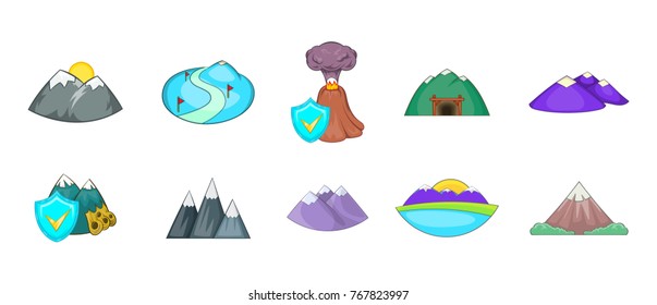 Mountains icon set. Cartoon set of mountains vector icons for your web design isolated on white background