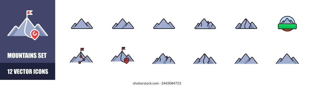 Mountains icon set. Flat style. Vector icons