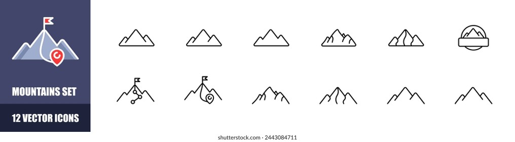 Mountains icon set. Linear style. Vector icons