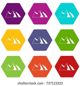 Mountains icon set many color hexahedron isolated on white vector illustration
