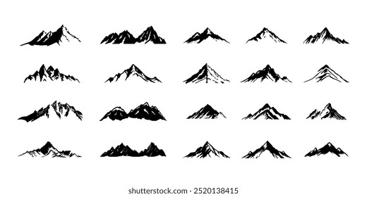 Mountains icon set. Mountains or rocks, simple sketch. Rocky mountains. Hiking, travelling, adventure. Nature concept