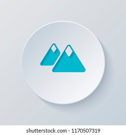 Mountains icon. Simple symbol. Cut circle with gray and blue layers. Paper style