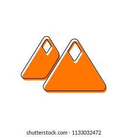Mountains icon. Simple symbol. Isolated icon consisting of black thin contour and orange moved filling on different layers. White background