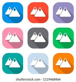 Mountains icon. Simple symbol. Set of white icons on colored squares for applications. Seamless and pattern for poster