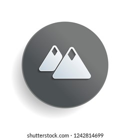 Mountains icon. Simple symbol. White paper symbol on gray round button or badge with shadow