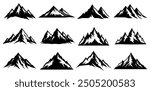 Mountains icon vector set. Hike, travel vector illustration sign collection. Set of rocky mountains silhouette. 