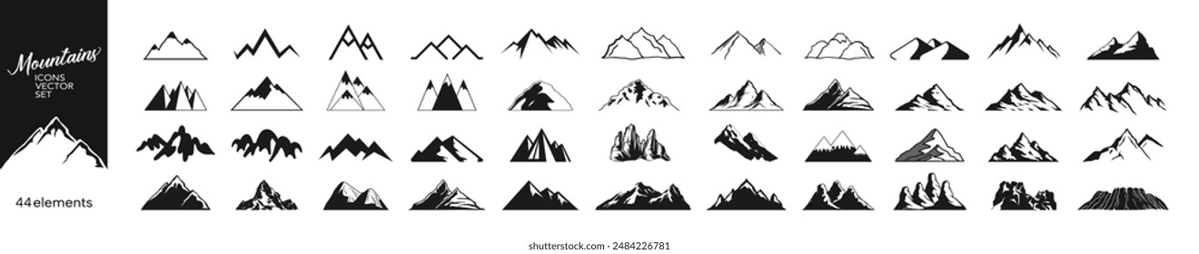 Mountains icon vector set. Hike, travel illustration sign collection. Set of rocky mountains silhouette