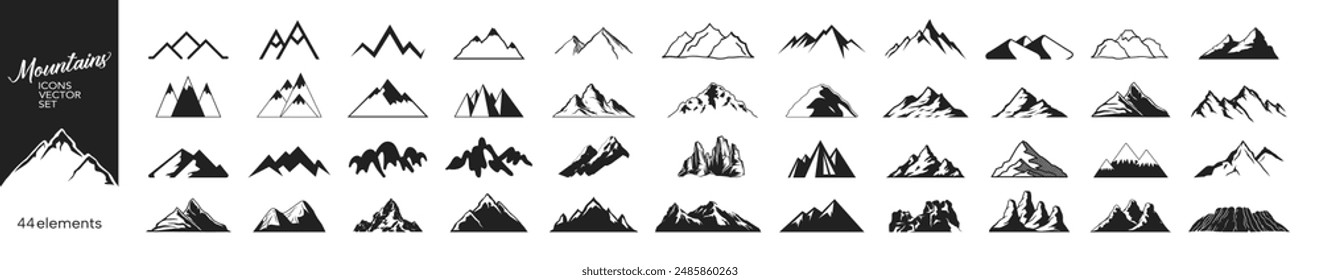 Mountains icon vector set. Hike, travel illustration sign collection. Set of rocky mountains silhouette