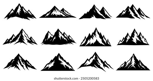 Vektorgrafik-Set für Berge. Wanderung, Reise-Vektorgrafik-Zeichensammlung. Set von felsigen Bergen Silhouette. 