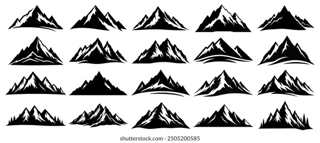 Vektorgrafik-Set für Berge. Wanderung, Reise-Vektorgrafik-Zeichensammlung. Set von felsigen Bergen Silhouette. 