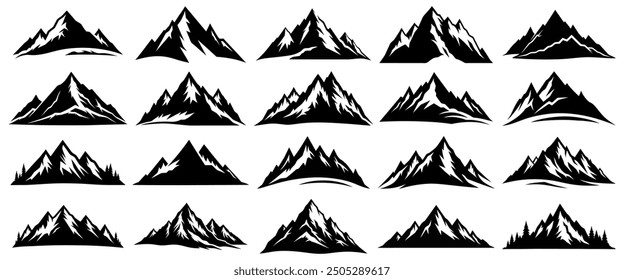 Mountains icon vector set. Hike, travel vector illustration sign collection. Set of rocky mountains silhouette. 