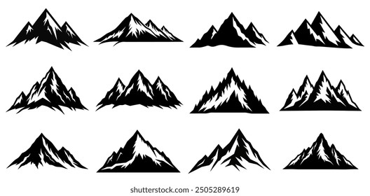 Mountains icon vector set. Hike, travel vector illustration sign collection. Set of rocky mountains silhouette. 