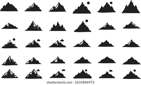 Mountains icon vector set Hike, travel illustration sign collection. Set of rocky mountains silhouette