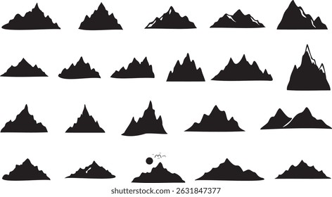 Mountains icon vector set Hike, travel illustration sign collection. Set of rocky mountains silhouette
