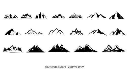 Mountains Icon Vector Set, Hiking  Travel Illustration- A collection of rocky mountain silhouettes, trekking signs, and nature icons for logos, posters, and branding.
