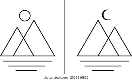 Icono de montañas. Conjunto de Vector. Colección de signo de ilustración. Conjunto de silueta de montañas rocosas. Sol, luna. Web - Imagen. 