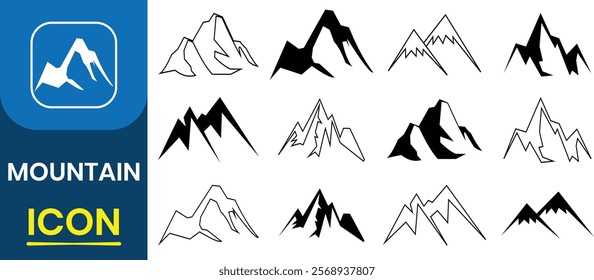 Mountains icon vector set. mountain silhouette snow ice, decorative symbols isolated. Hike, sign collection, travel labels, adventure, climbing or hiking badges. Vector illustration.