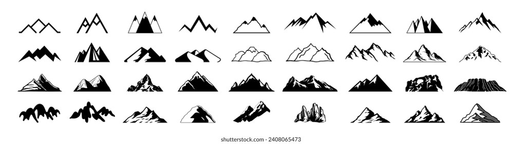 Mountains icon vector set. Peak logo mountain icon. Mountain vector shapes and elements Create your own outdoor label