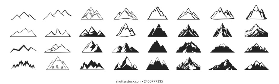 Mountains icon vector set. Rocky peaks. Mountains ranges. Black and white mountain icon on transparent background