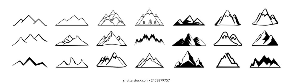 Mountains icon vector set. Rocky peaks. Mountains ranges. Black and white mountain icon on transparent background