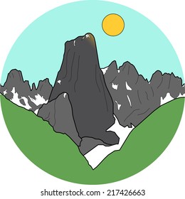 Mountains icon vector with sun, snow and grass into a circle shape, like Naranjo de Bulnes Peak on national park of Picos de Europa Asturias - Spain illustration, Urriellu