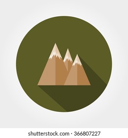 Mountains. Icon for web and mobile application. Vector illustration of a button with a long shadow. Flat design style.