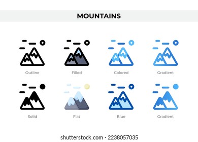 Mountains icons in different style. Mountains icons set. Holiday symbol. Different style icons set. Vector illustration