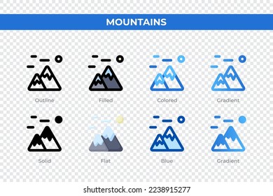 Mountains icons in different style. Mountains icons set. Holiday symbol. Different style icons set. Vector illustration