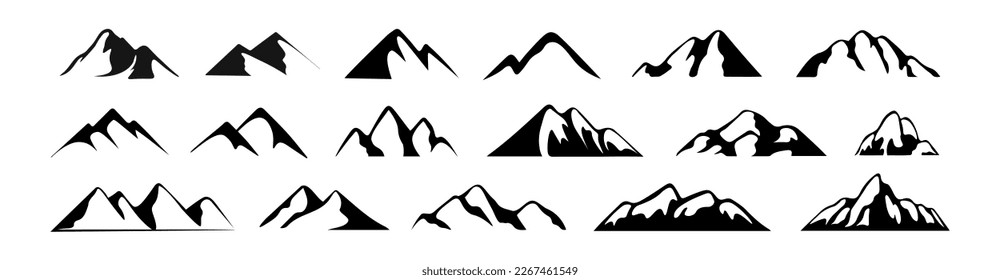 Fijación de iconos de las montañas. Siluetas negras de alivio. Ilustración vectorial en estilo de caricatura aislada en fondo blanco