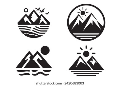 mountains icons set, minimalist style, black and white vector illustration.