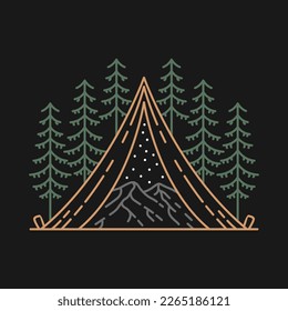 Gebirge auf einem Camping Zelt Monoline Design Illustration für Bekleidung