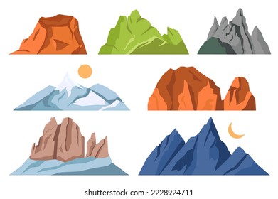 Montañas, elementos aislados en diseño plano. Ilustración vectorial.