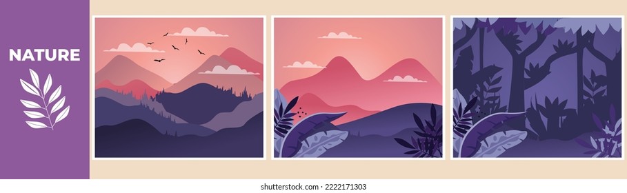 Mountains and Jungle in the form of silhouettes. Mountain landscape set concept. Colored flat graphic vector illustration isolated.