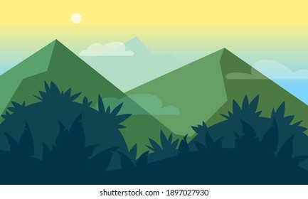 Mountains, jungles scenic landscape flat style illustration. Futuristic gradient verdurous hills, mountains on soft sunshine sky background. Fantasy vector backdrop design template for game, web, app.